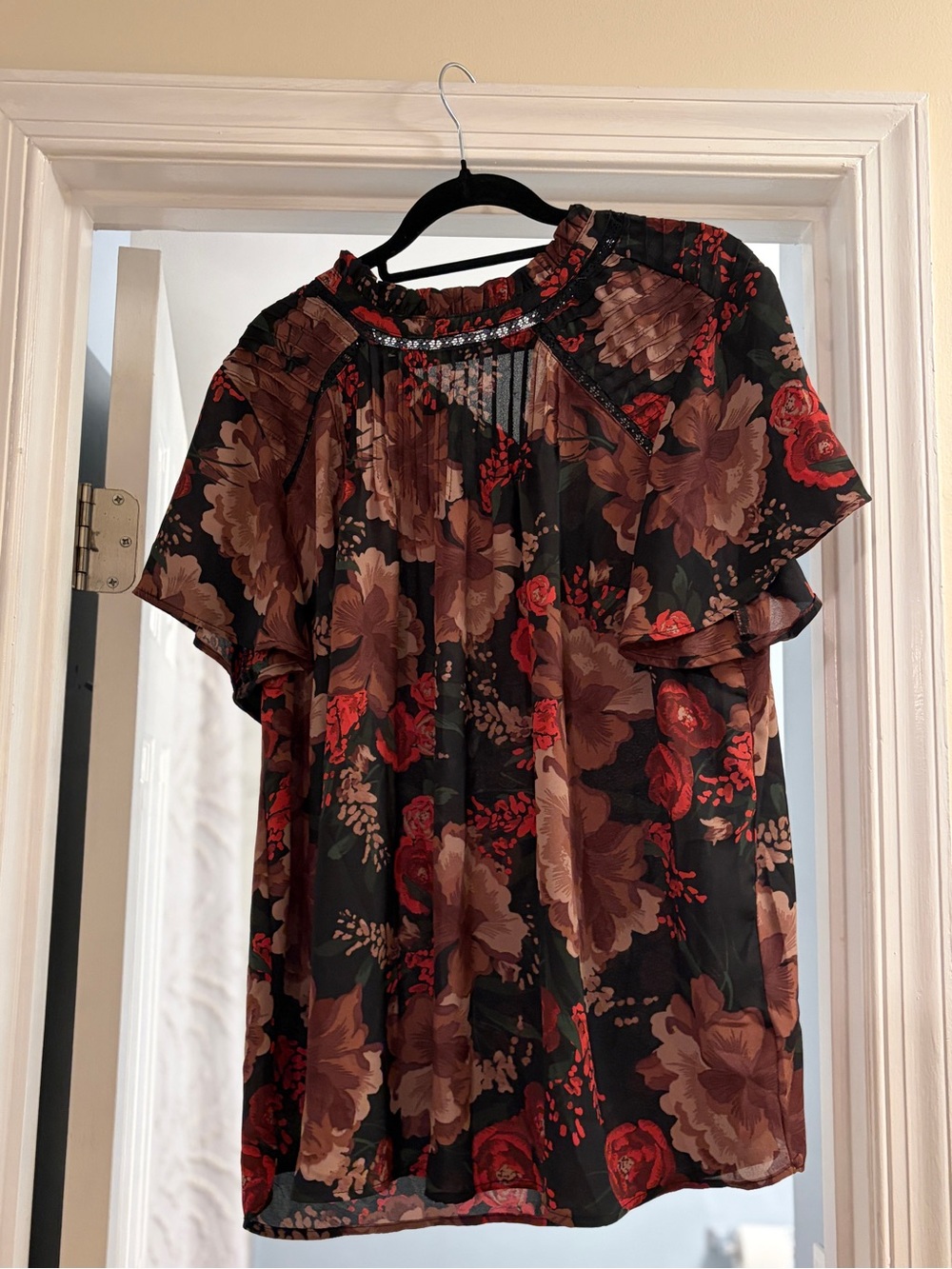 torrid Black Floral Lace Yoke Blouse with Red and Brown Flowers
